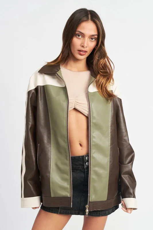 Oversized Color Block Biker Jacket