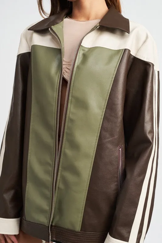 Oversized Color Block Biker Jacket