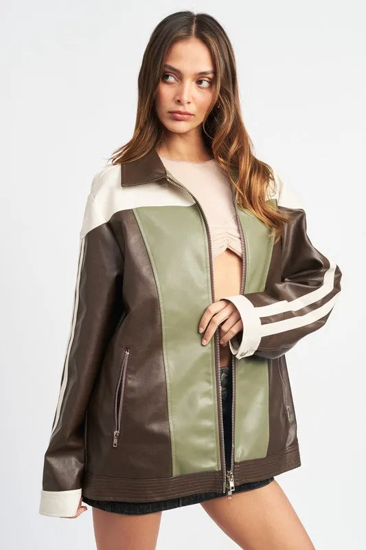 Oversized Color Block Biker Jacket