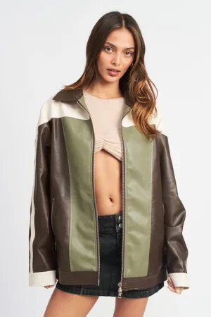 Oversized Color Block Biker Jacket