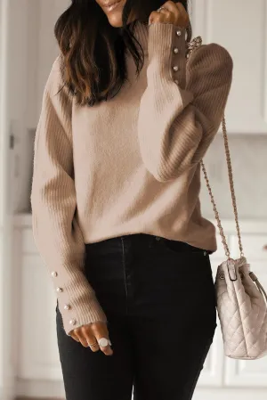 Parchment White Button Ribbed Puff Sleeve High Neck Sweater