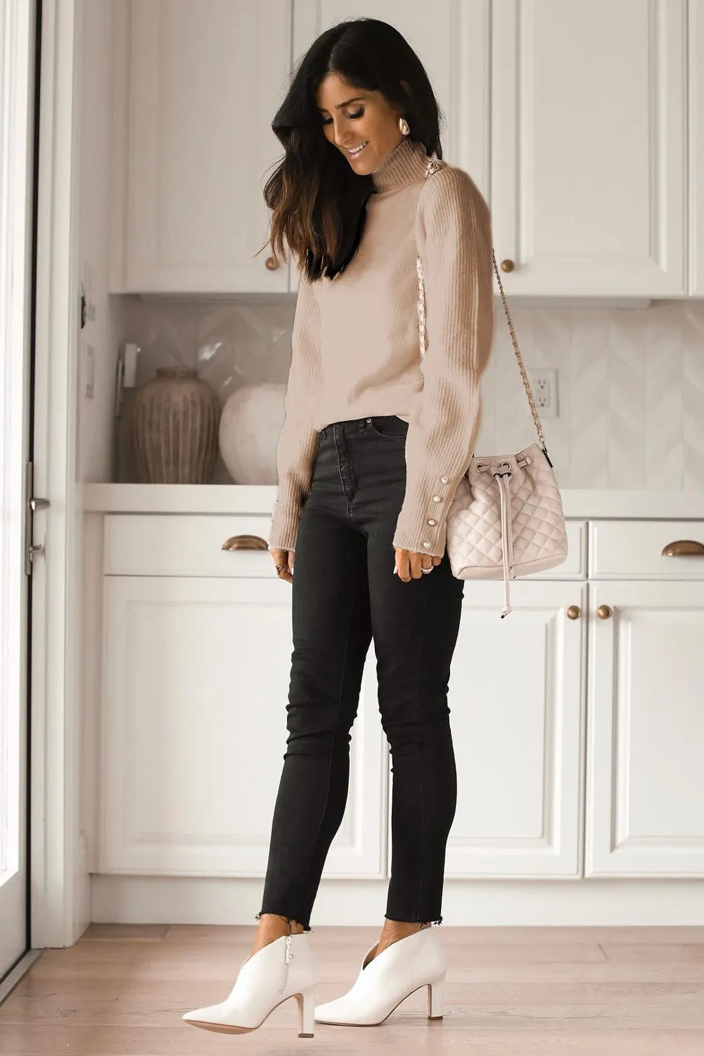 Parchment White Button Ribbed Puff Sleeve High Neck Sweater