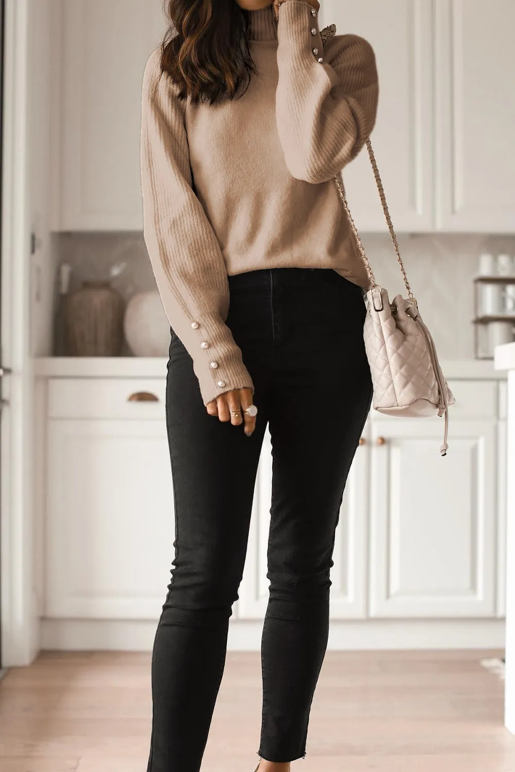Parchment White Button Ribbed Puff Sleeve High Neck Sweater