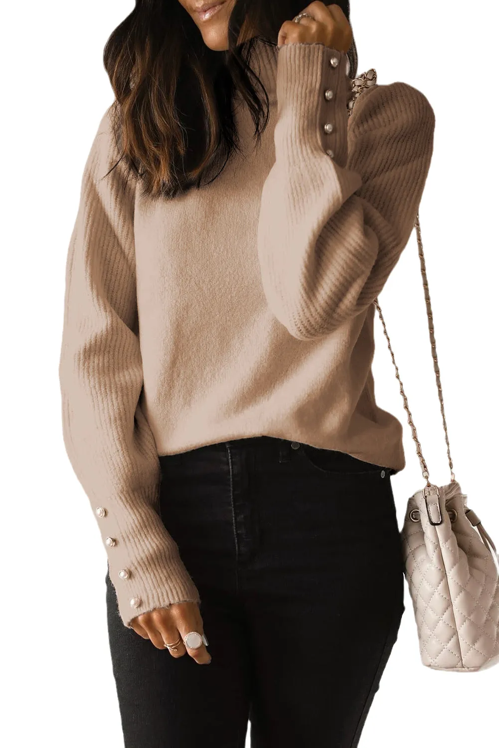 Parchment White Button Ribbed Puff Sleeve High Neck Sweater