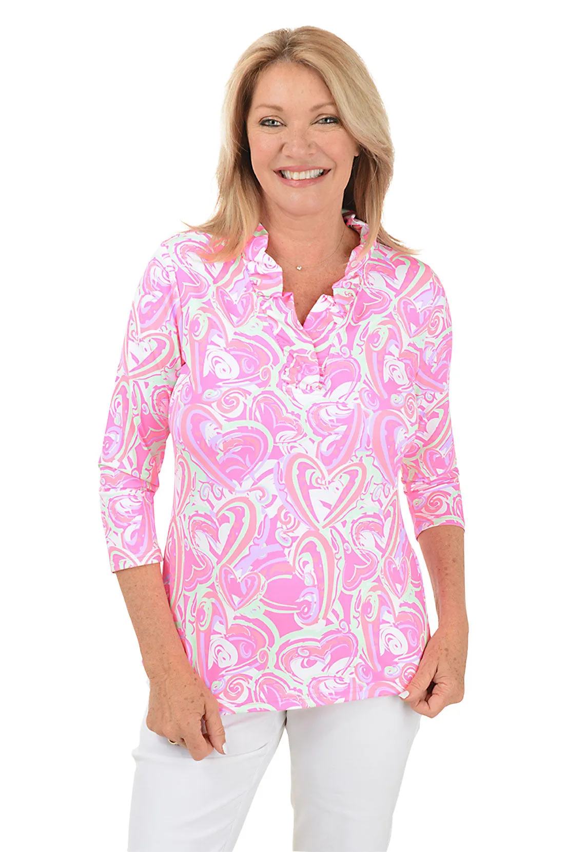 Pink Heart Explosion Ruffle Neck UPF50  Top