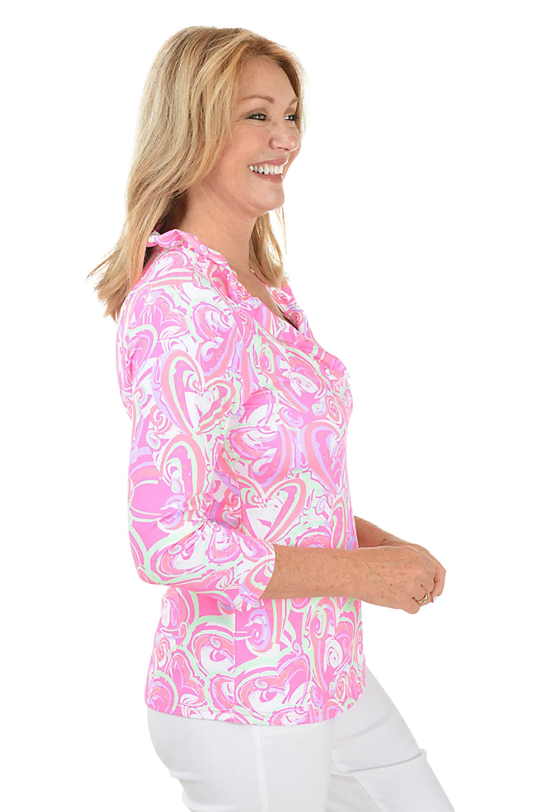 Pink Heart Explosion Ruffle Neck UPF50  Top