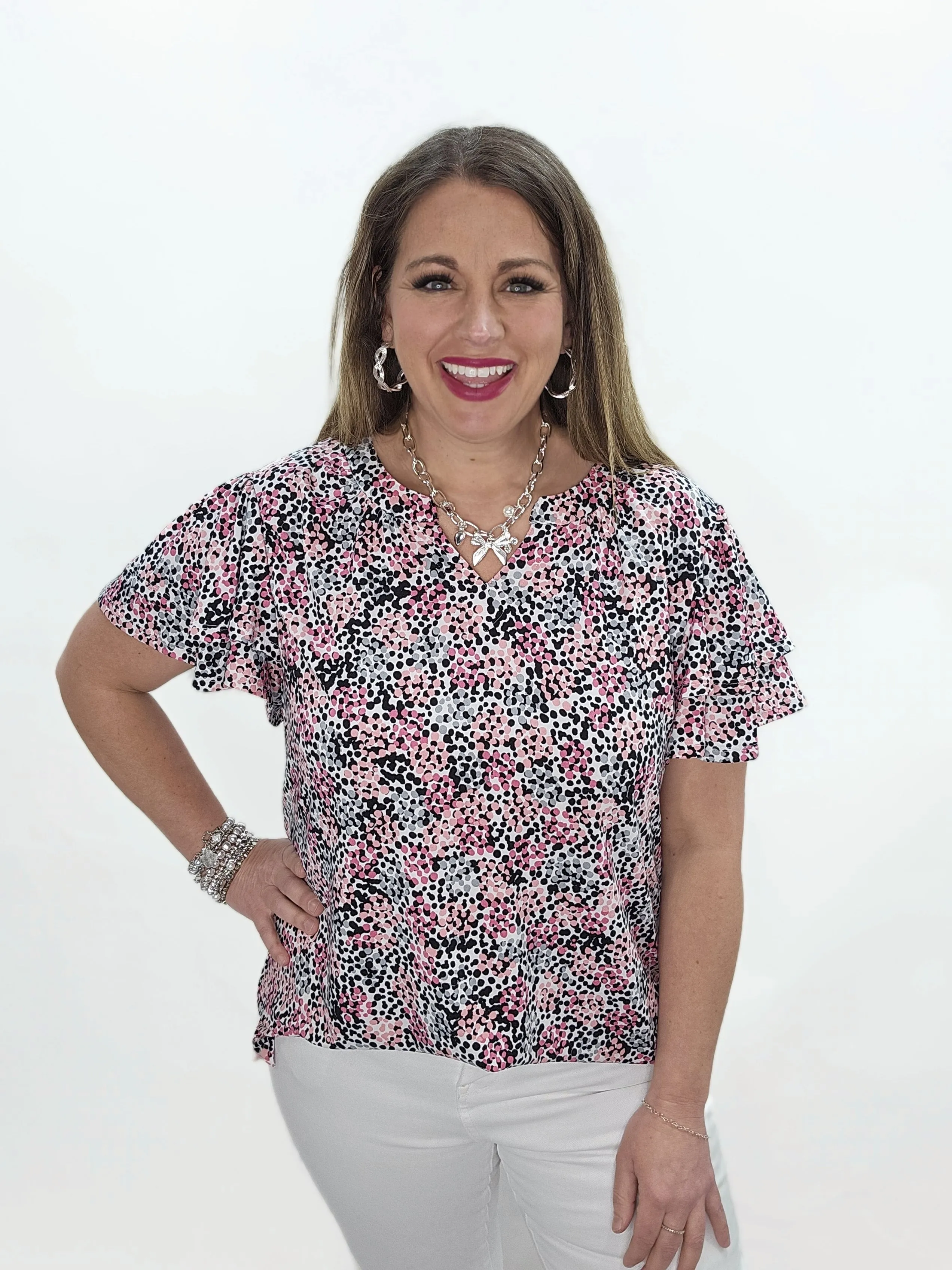 PINKS/GREY DOT V NECK KNIT TOP