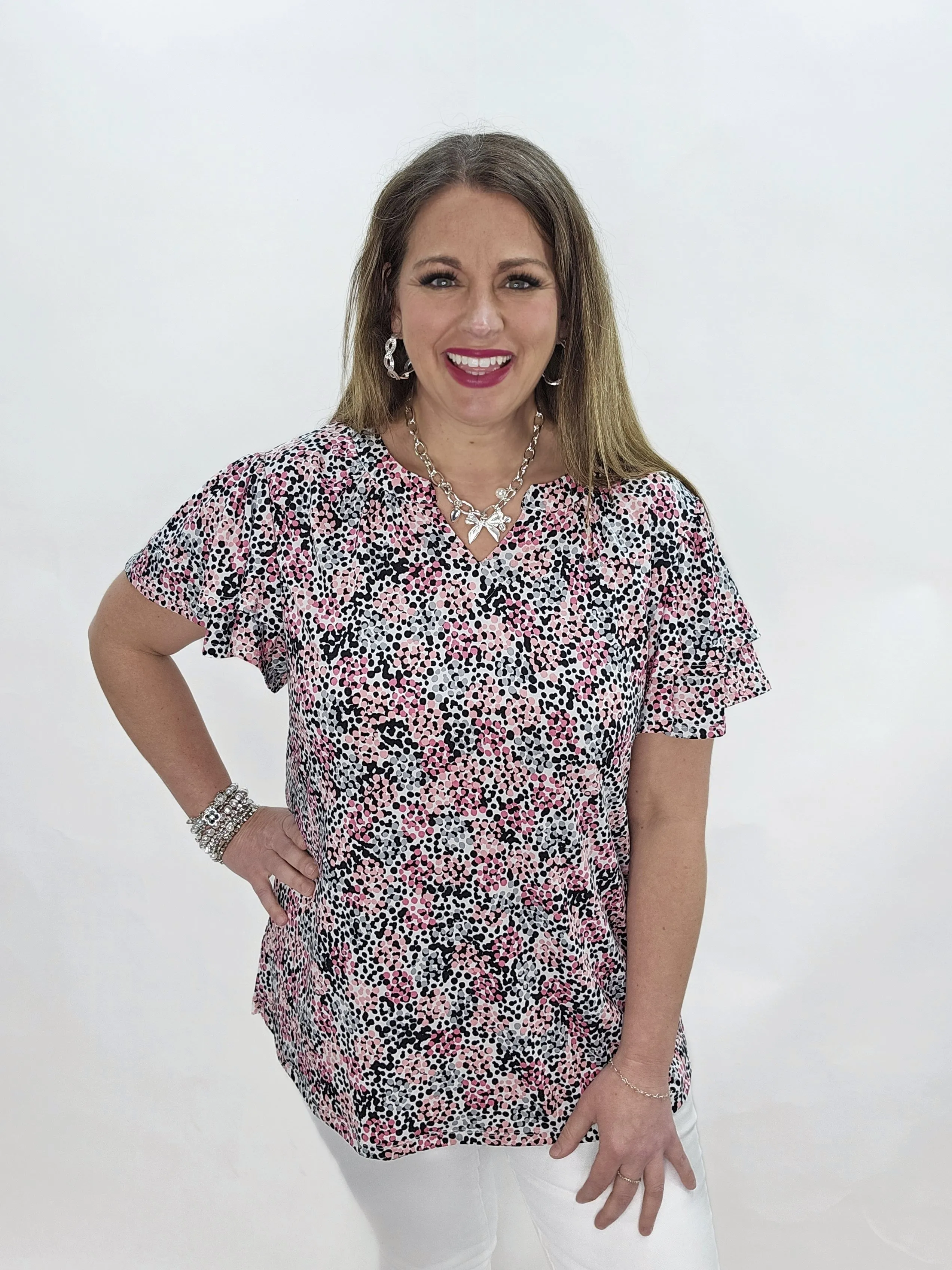 PINKS/GREY DOT V NECK KNIT TOP