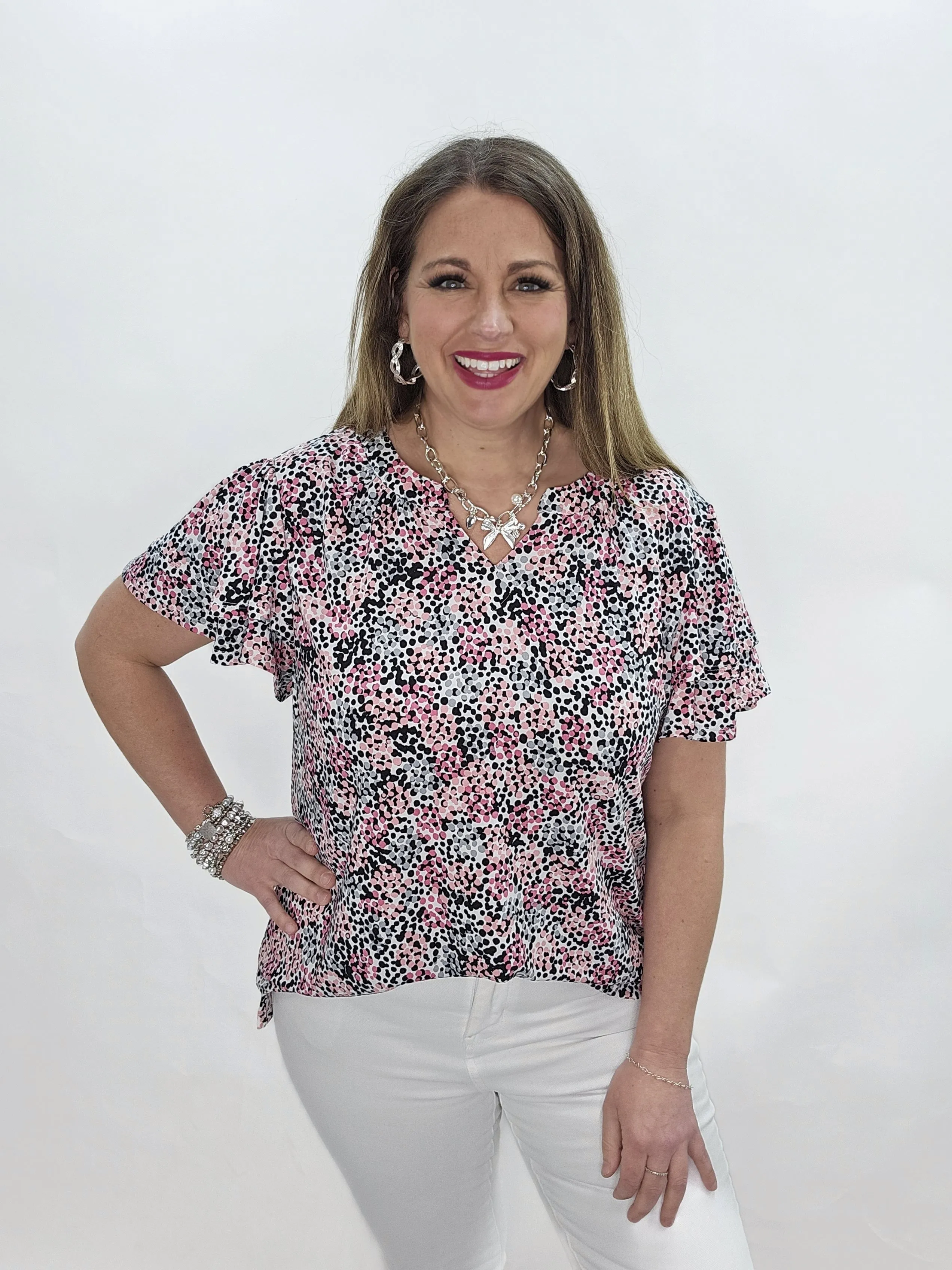 PINKS/GREY DOT V NECK KNIT TOP