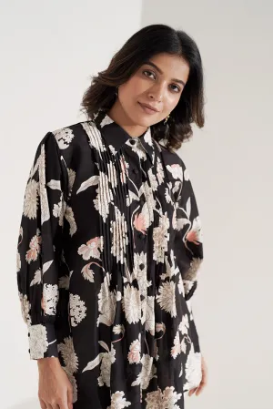 Pleated Viscose Muslin Black Shirt
