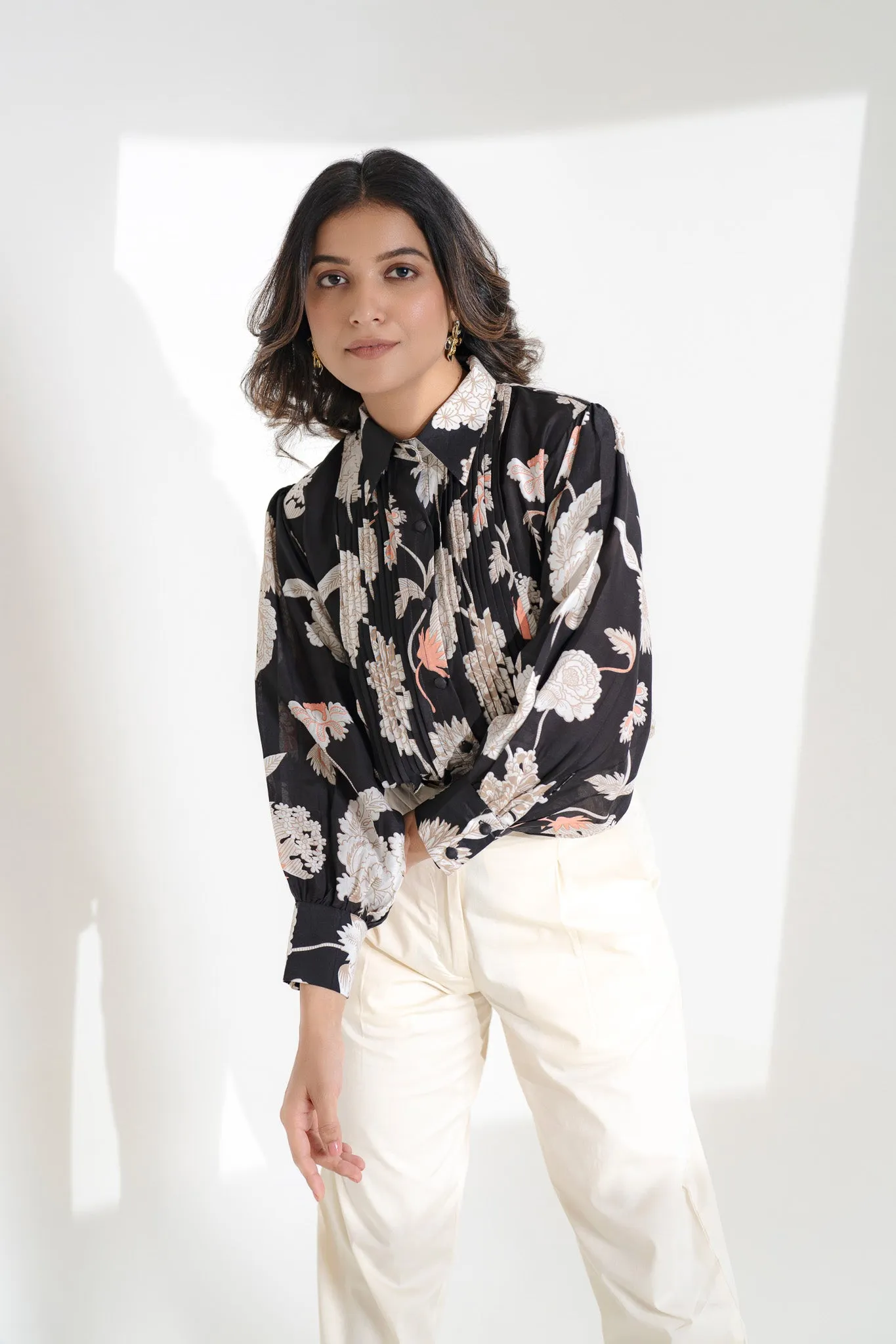 Pleated Viscose Muslin Black Shirt