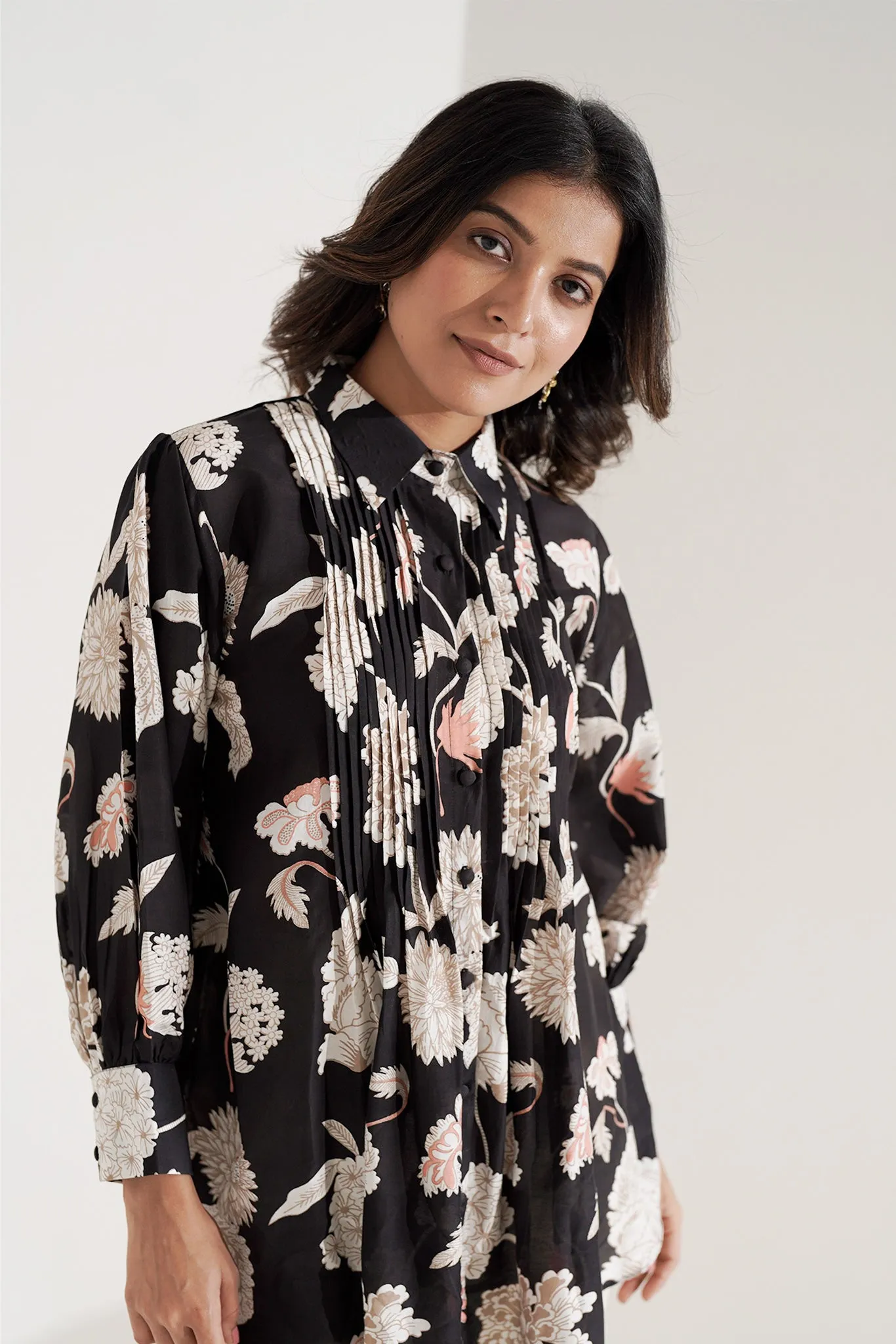 Pleated Viscose Muslin Black Shirt