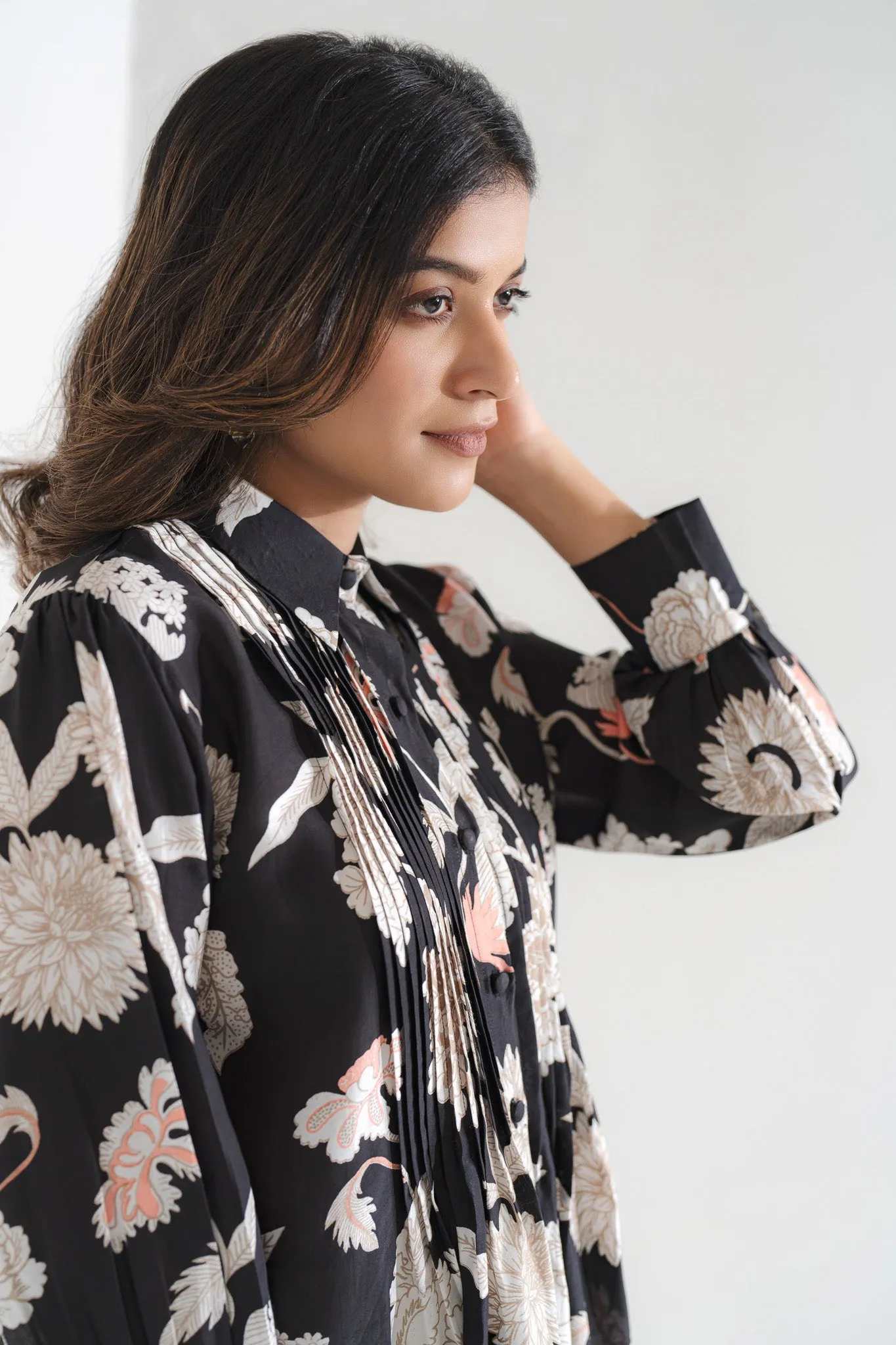 Pleated Viscose Muslin Black Shirt