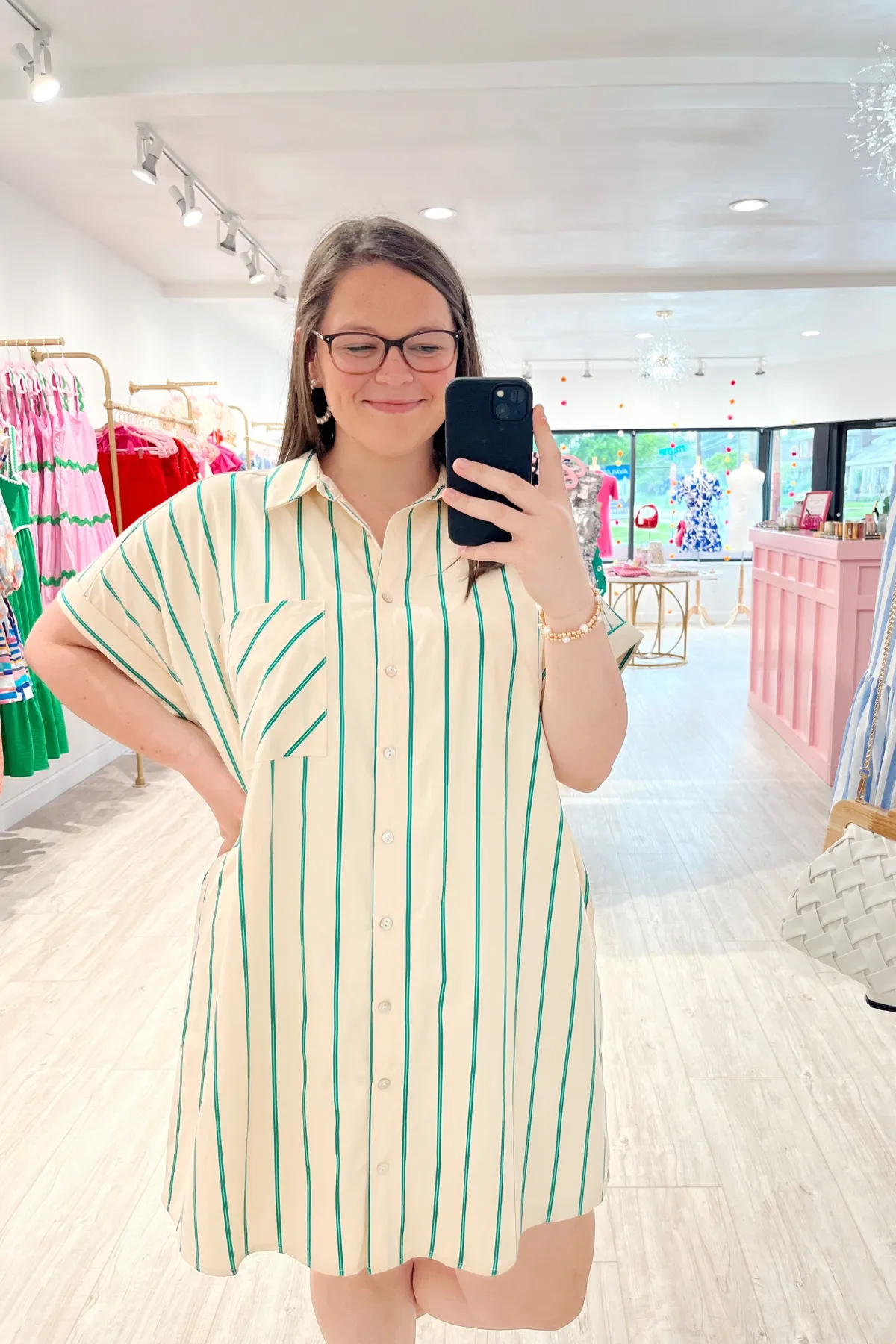 Plus Green Striped Shirt Dress