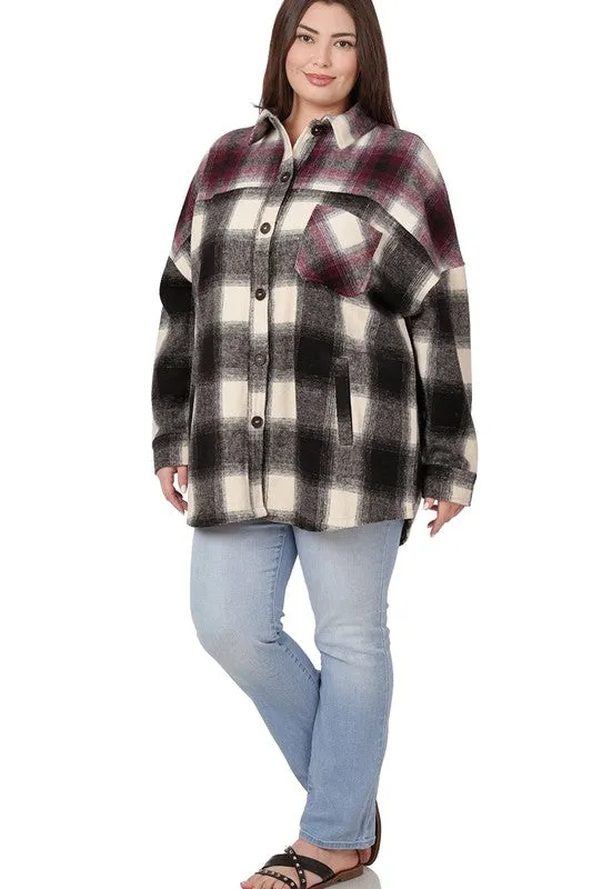 Plus  Oversized yarn Dyed Plaid Longline Shacket