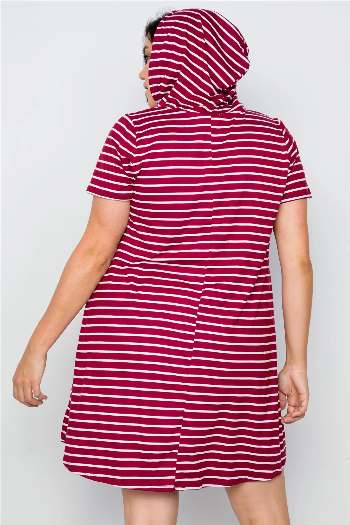 Plus Size Burgundy Stripe Short Sleeve Hooded Shirt Mini Dress