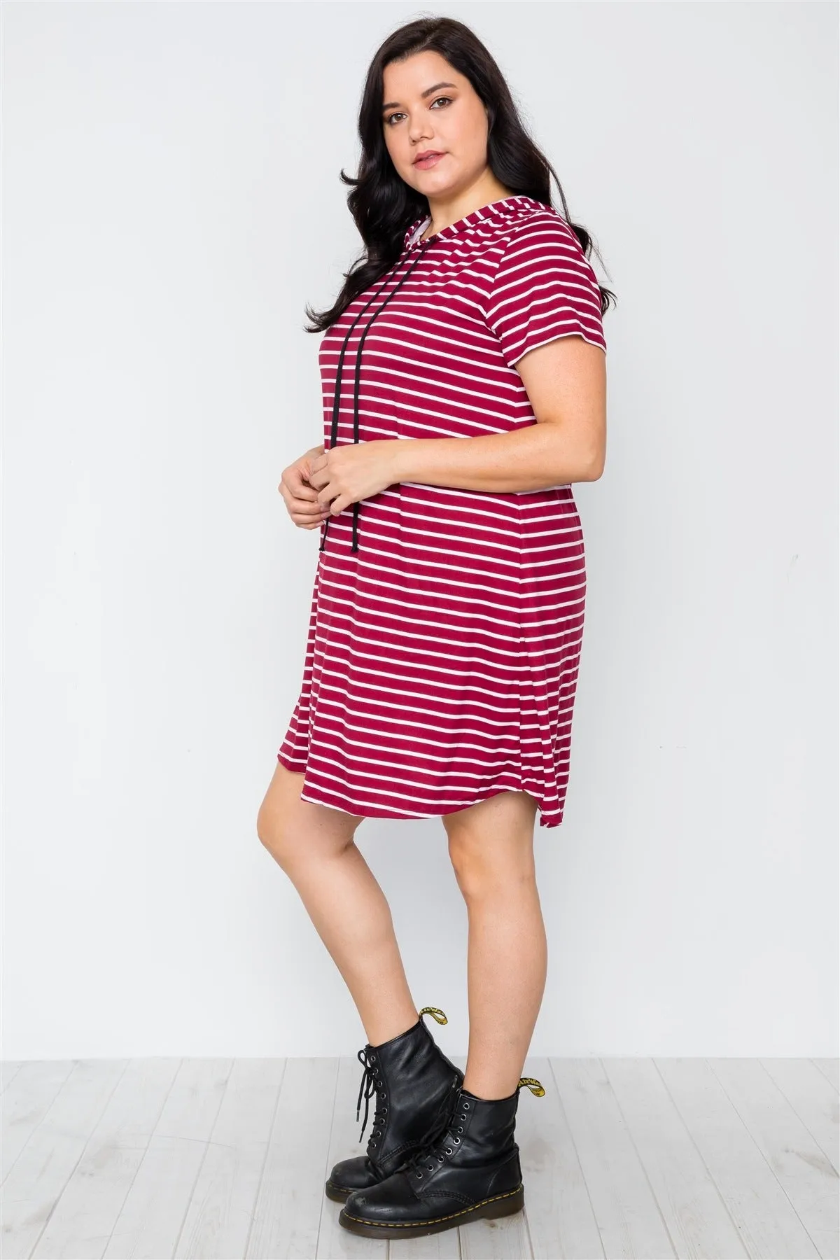 Plus Size Burgundy Stripe Short Sleeve Hooded Shirt Mini Dress