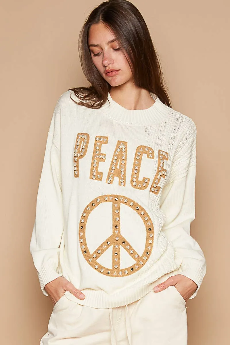 POL Beige Round neck peace patch with pearl stud sweater