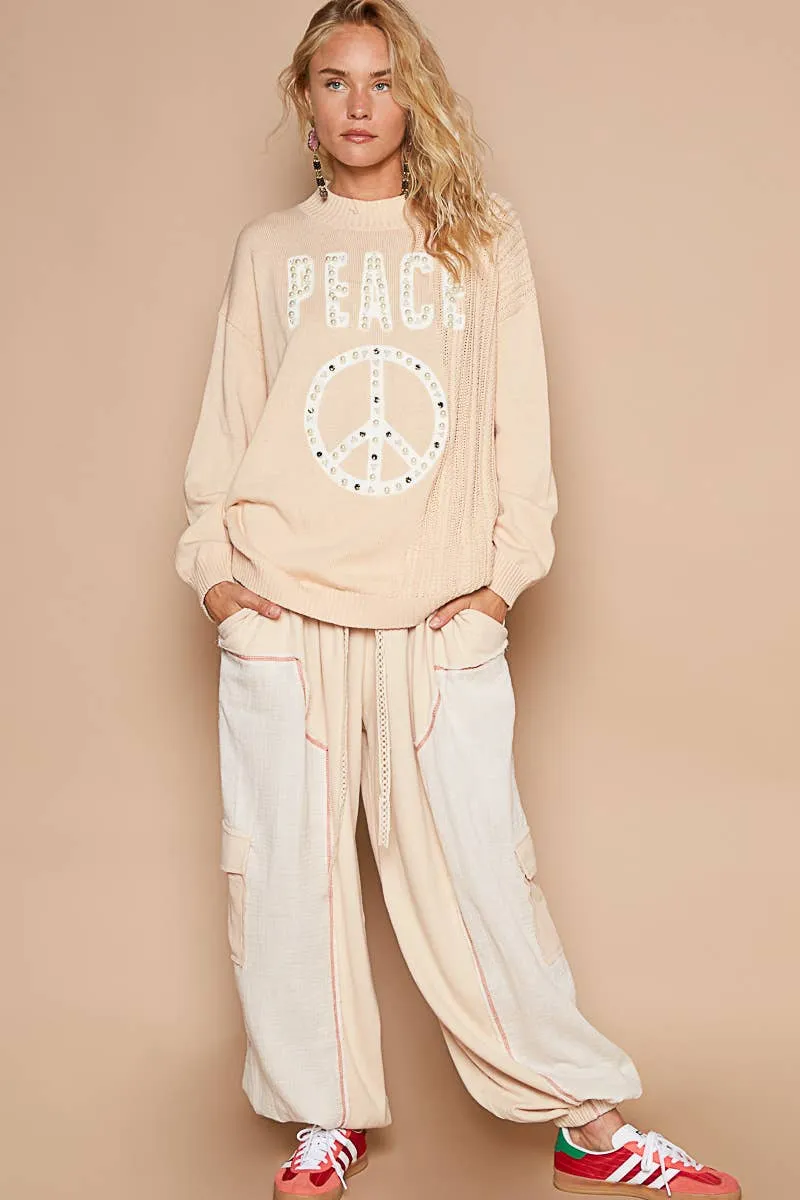 POL Beige Round neck peace patch with pearl stud sweater