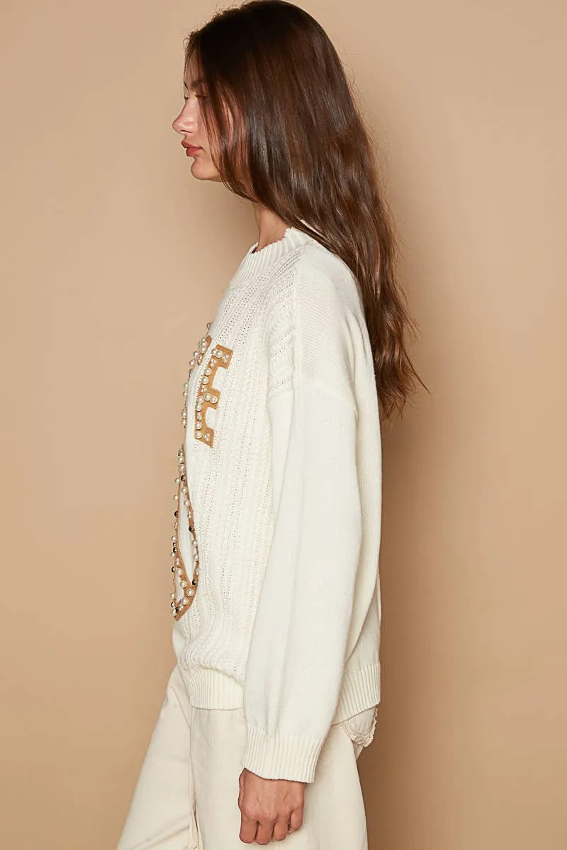POL Beige Round neck peace patch with pearl stud sweater