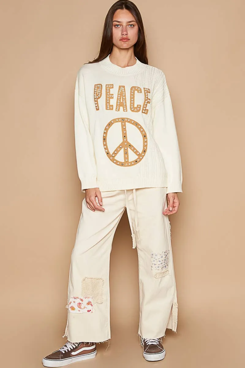 POL Beige Round neck peace patch with pearl stud sweater