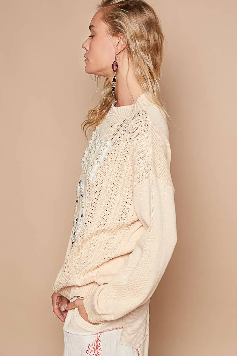 POL Beige Round neck peace patch with pearl stud sweater