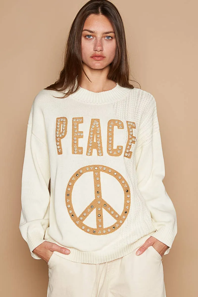 POL Beige Round neck peace patch with pearl stud sweater