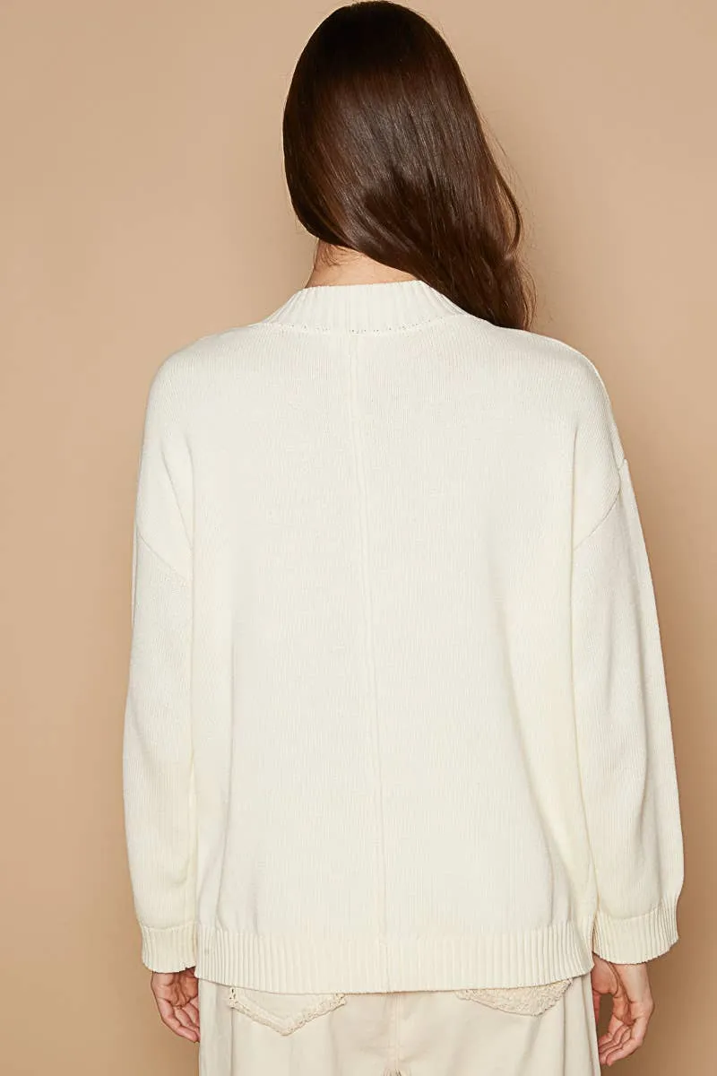 POL Beige Round neck peace patch with pearl stud sweater