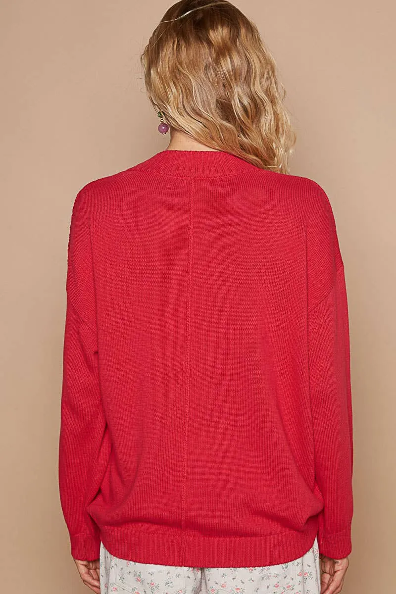 POL Beige Round neck peace patch with pearl stud sweater
