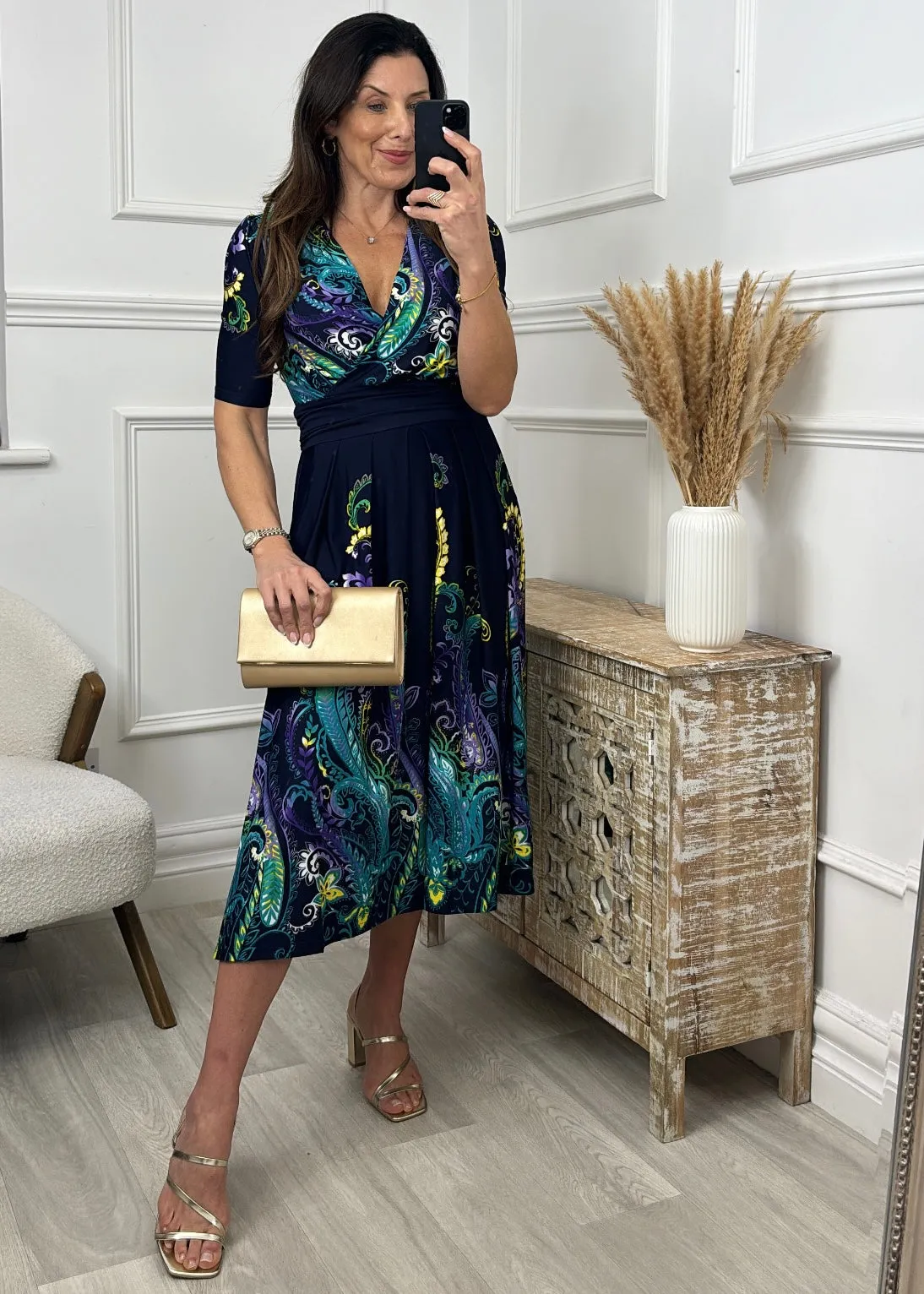 Portofino Teal Ruched Waist Midi Dress