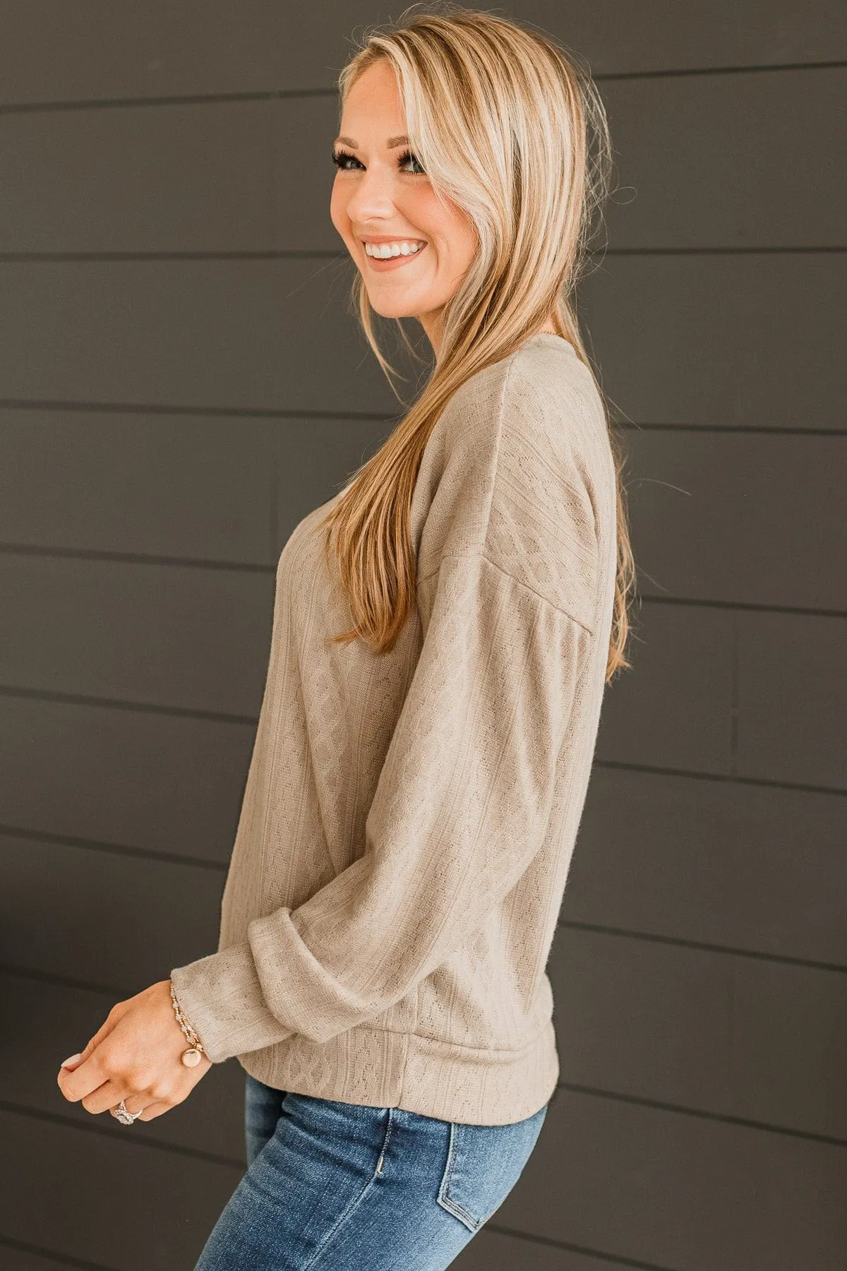 Proud Of You Long Sleeve Top- Beige