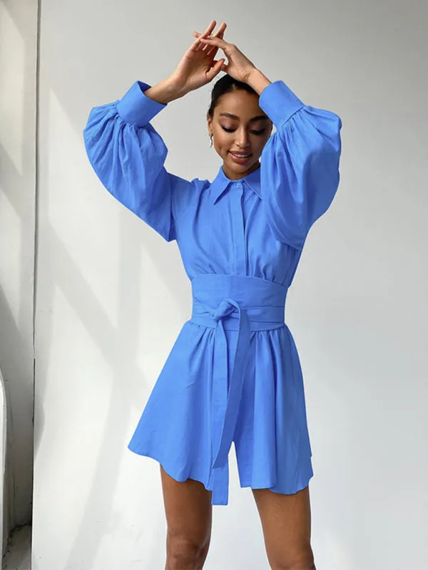 Puff Sleeve Shirt Mini Dress with Belted Waist