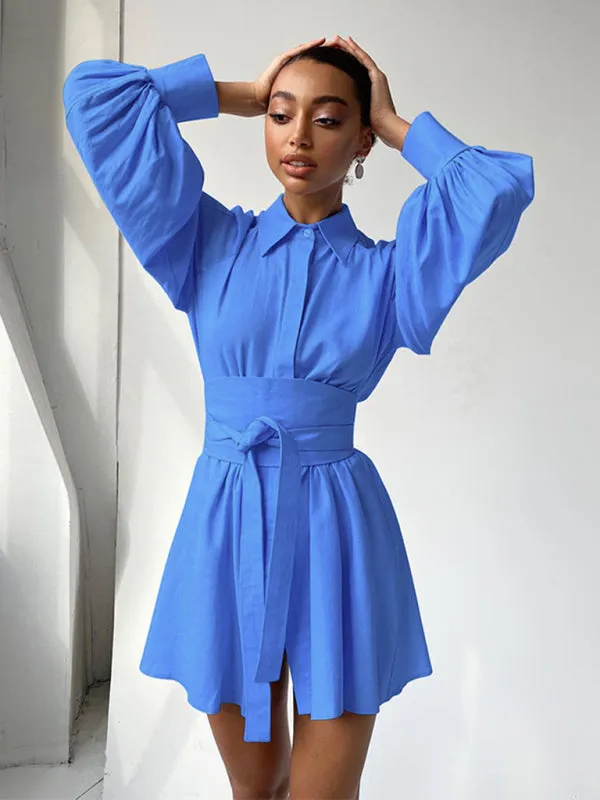 Puff Sleeve Shirt Mini Dress with Belted Waist