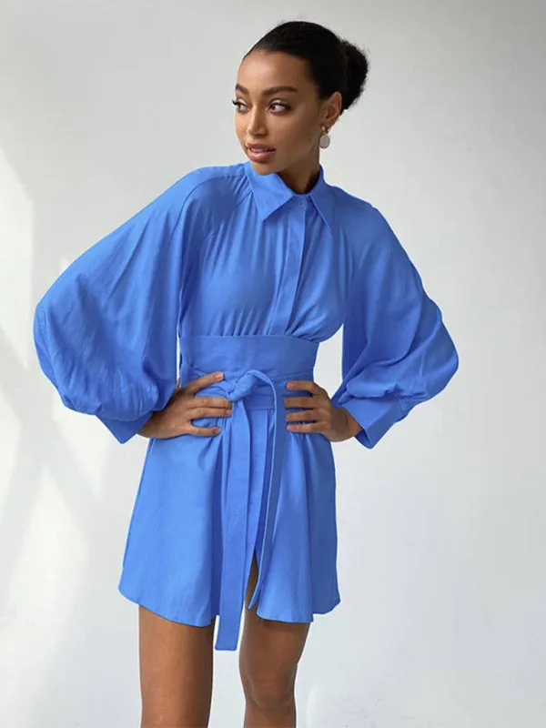 Puff Sleeve Shirt Mini Dress with Belted Waist