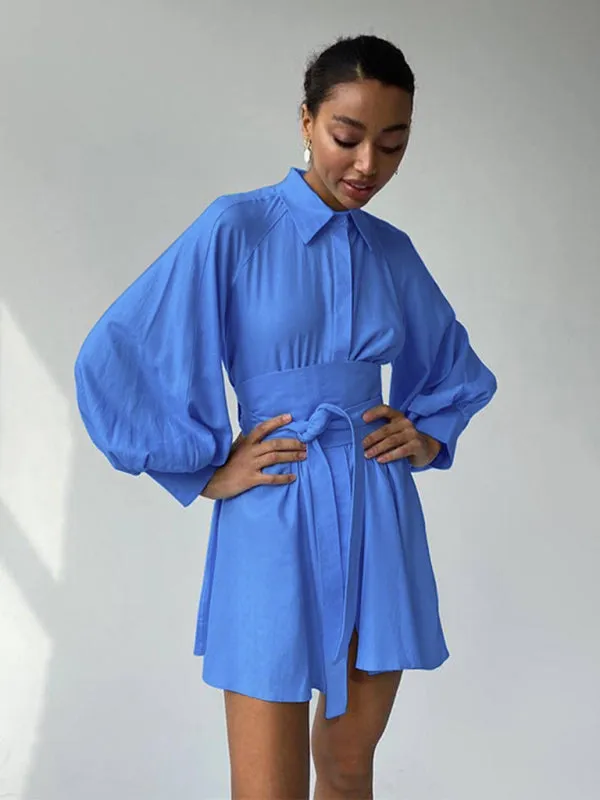 Puff Sleeve Shirt Mini Dress with Belted Waist