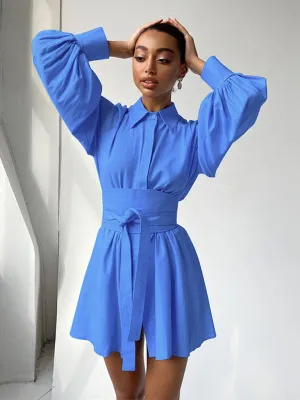 Puff Sleeve Shirt Mini Dress with Belted Waist