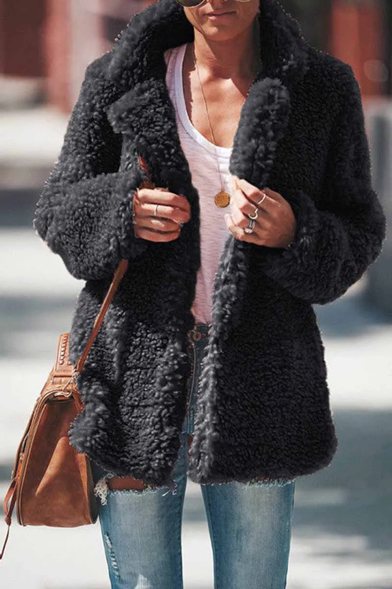 Pure Color Lapel Plush Long Sleeves Tops(3 Colors)