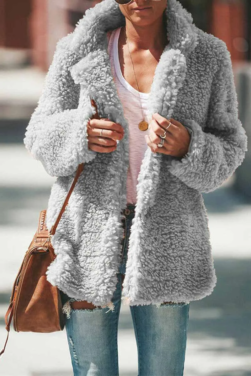 Pure Color Lapel Plush Long Sleeves Tops(3 Colors)