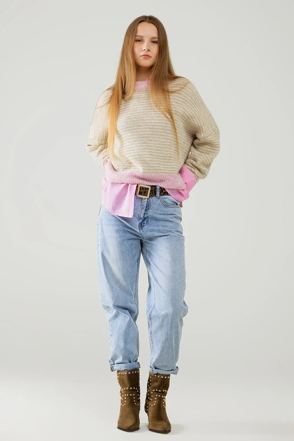Relaxed Stripey Sweater in Beige With Pink Details