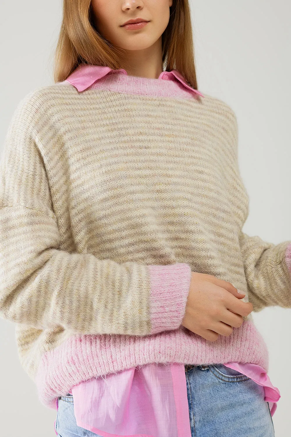 Relaxed Stripey Sweater in Beige With Pink Details