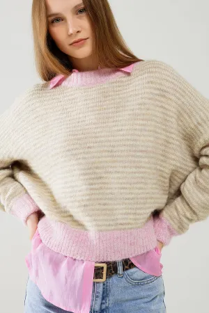Relaxed Stripey Sweater in Beige With Pink Details