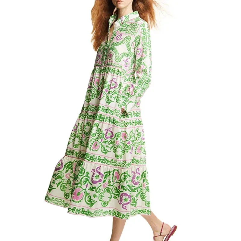 Retro Women Dresses  Party Dresses Shirt Dress Long Sleeved Single Row Buckle Layered Skirt Hem Design Casual Dresses
