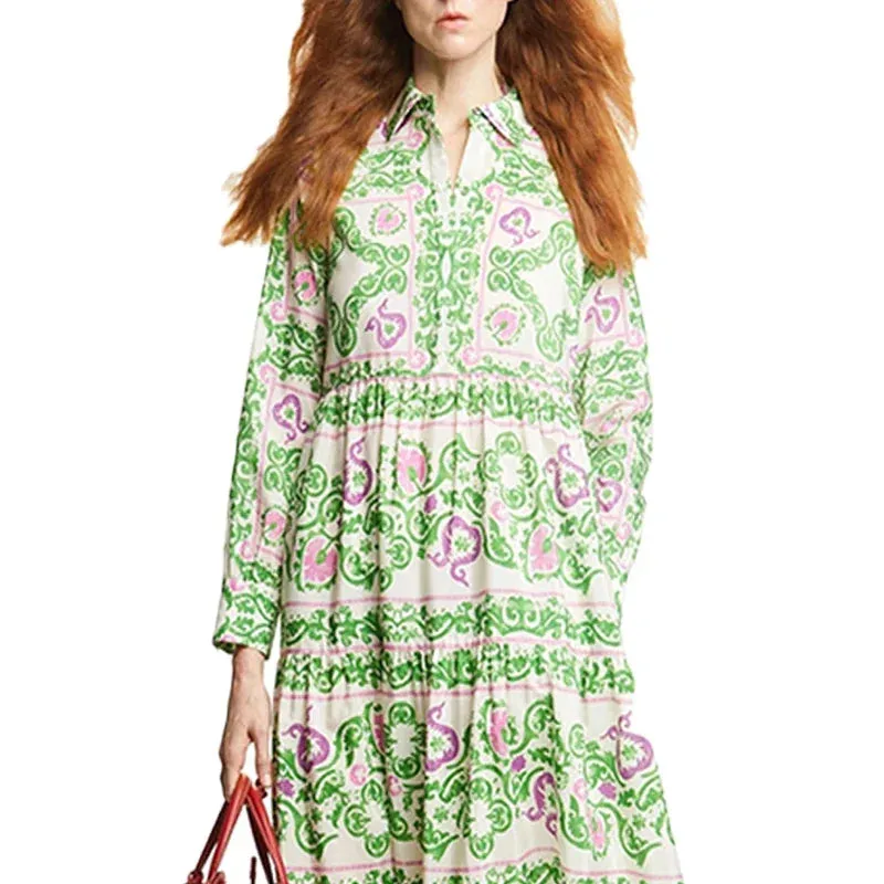 Retro Women Dresses  Party Dresses Shirt Dress Long Sleeved Single Row Buckle Layered Skirt Hem Design Casual Dresses
