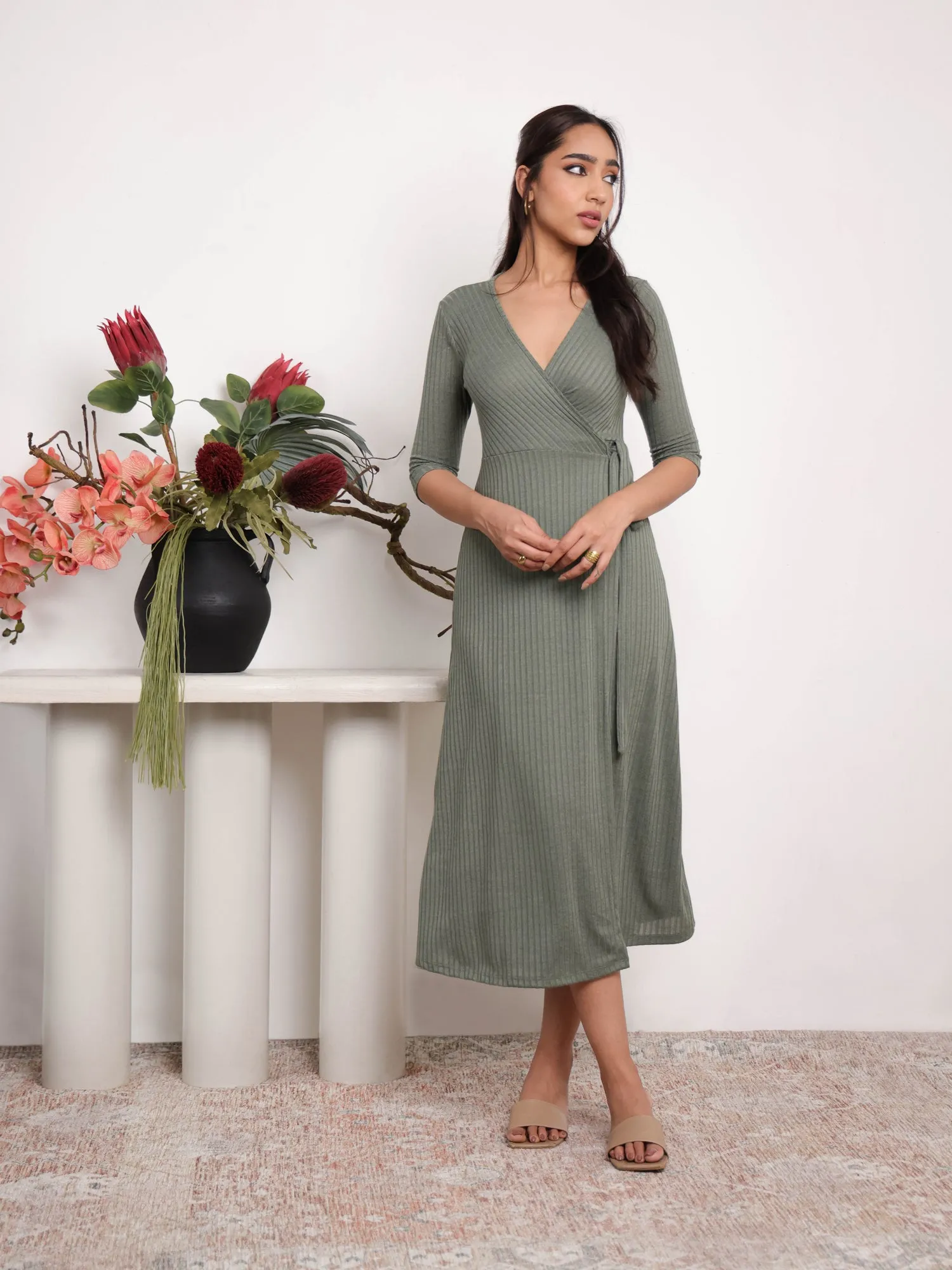 Rib Midi Wrap Dress