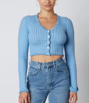 Ribbed V Neck Ruffle Button Cardigan Sweater