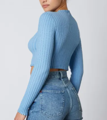 Ribbed V Neck Ruffle Button Cardigan Sweater
