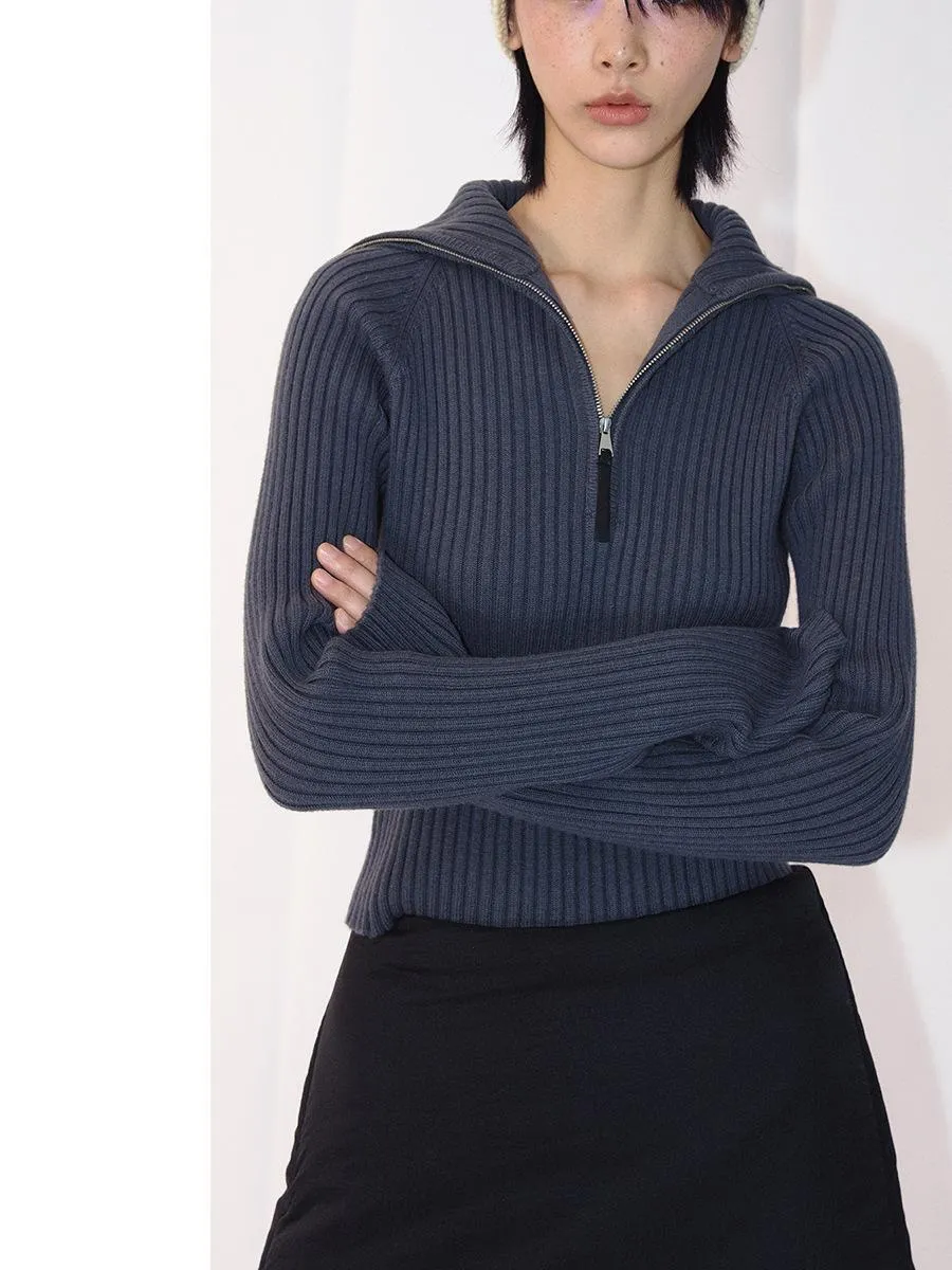 Ribbed Wool Zip-Up Sweater