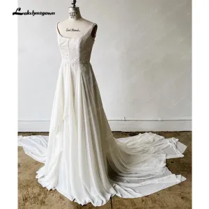 Roycebridal Classic Spaghetti Strap Sleeveless Square Neck Simple Bridal Gown Sexy Backless Short Train Wedding Dress