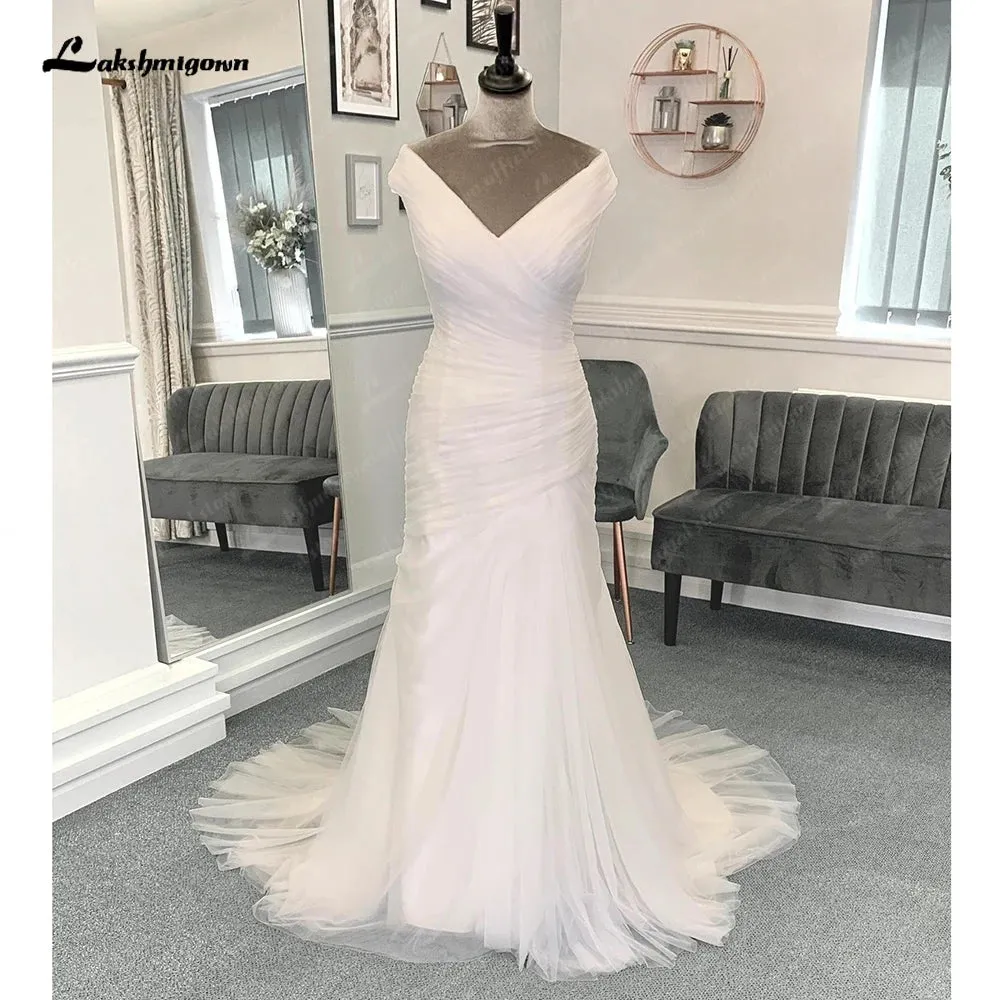 Roycebridal Tulle Pleat Mermaid Formal Wedding Dresses with Beads Belt Off the Shoulder Off White 2025 Bridal Gowns