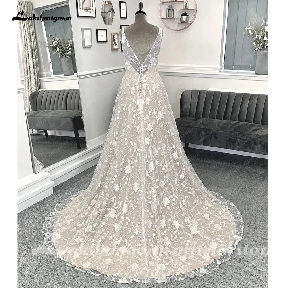 Roycebridal Vintage Champagne Full Lace Boho Wedding Dress 2025 Vestidos Noivas V Neck Sexy Bridal Wedding Gowns Open Back
